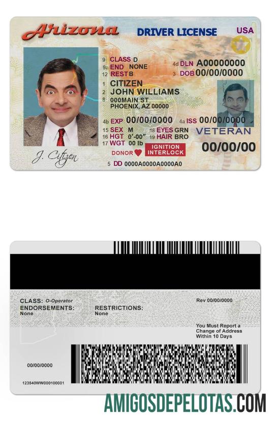 Carteira de Motorista EUA Arizona amostra